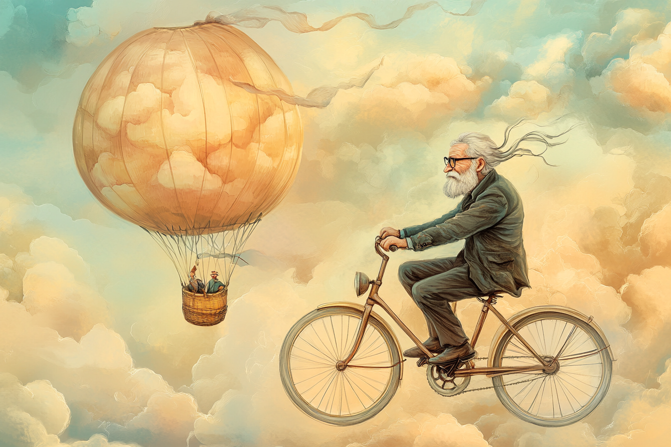 Elderly man with glasses and beard in flying peach.