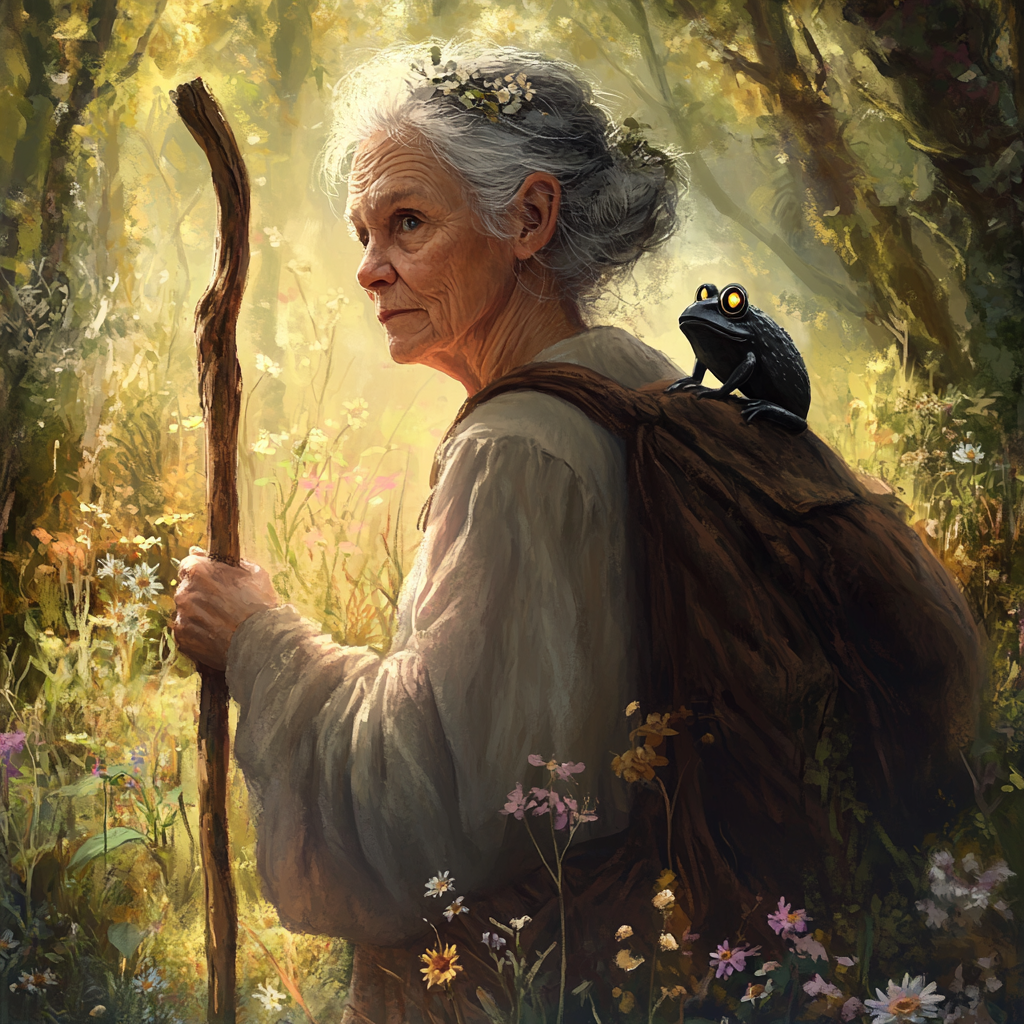 Elderly woman with frog, walking stick in magical forest.