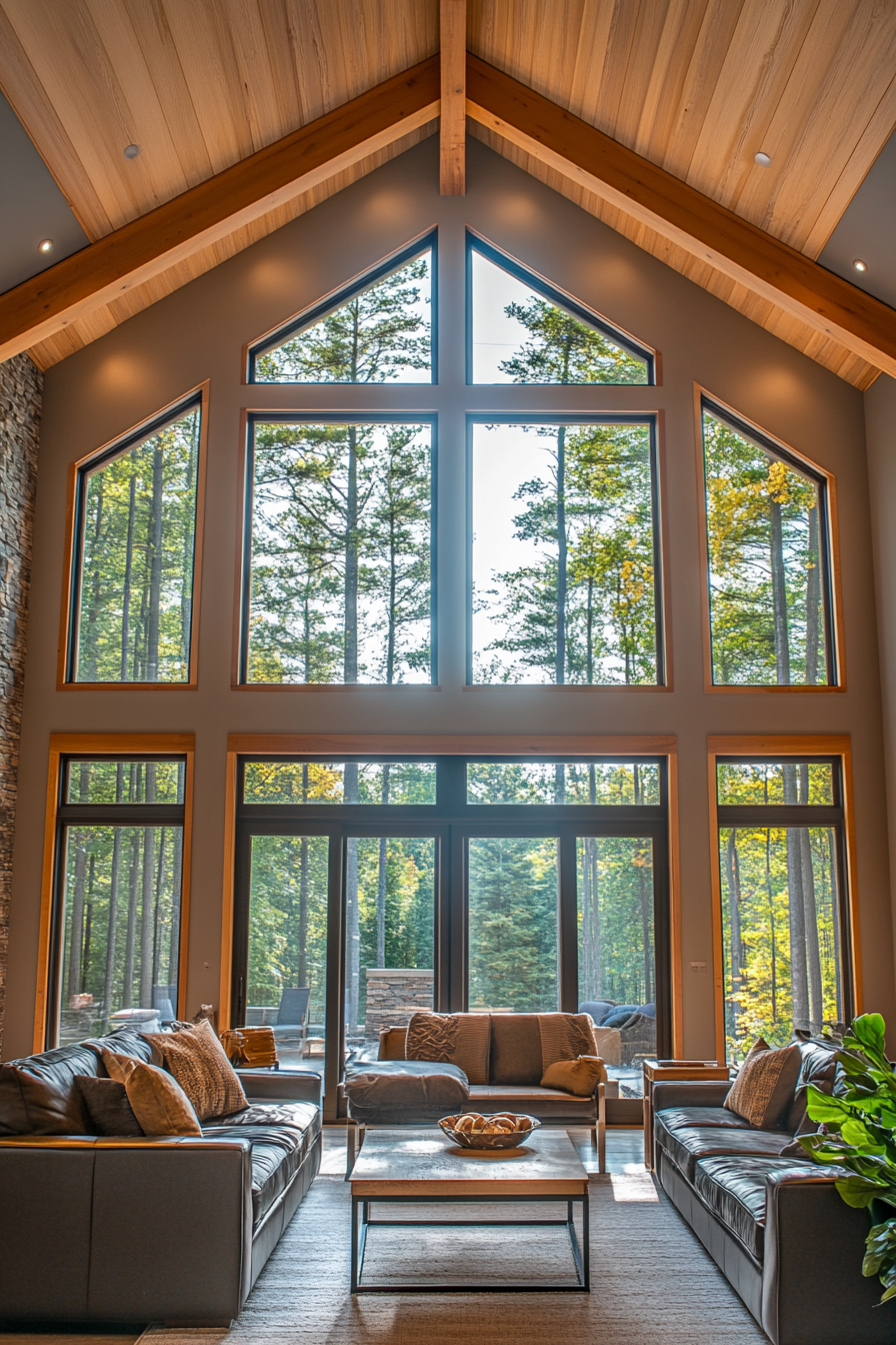 Elegant, spacious cabin with high ceilings and minimal decor.