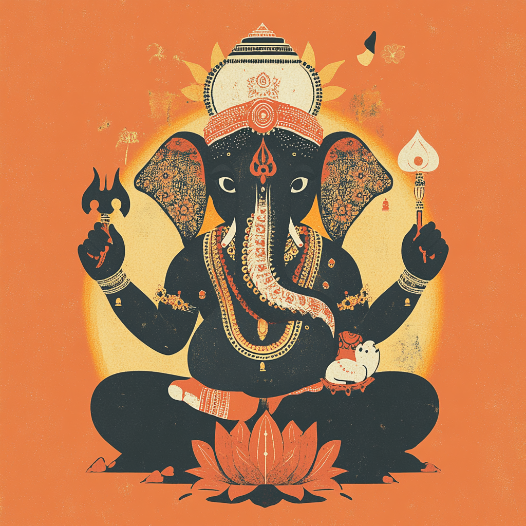 Elegant Lord Ganesha poster, peaceful, wise, prosperous, detailed deity.