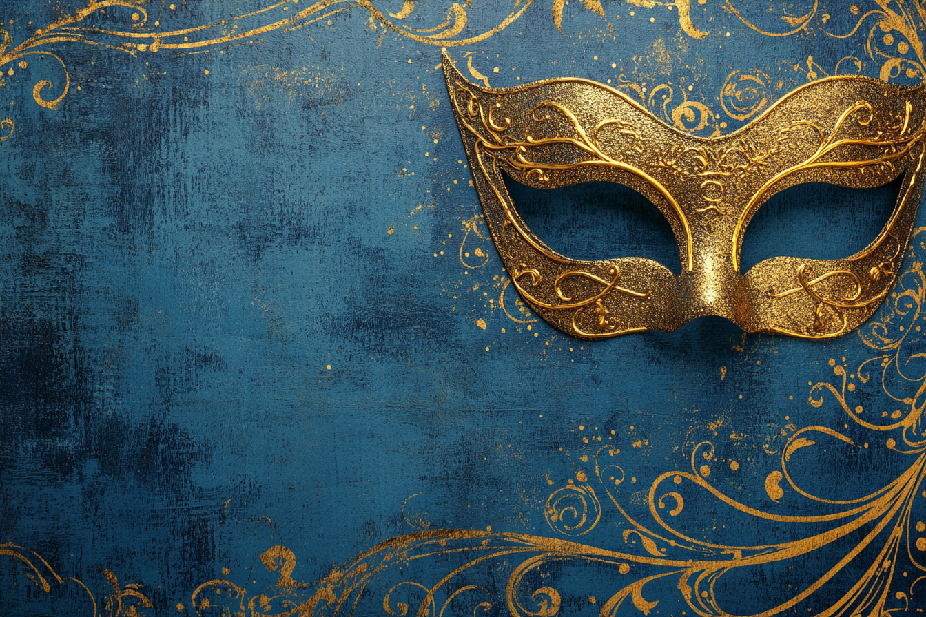 Elegant blue background with gold masquerade mask swirls.