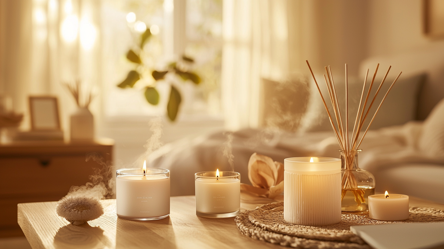 Elegant fragrance diffusers and candles create cozy home atmosphere.