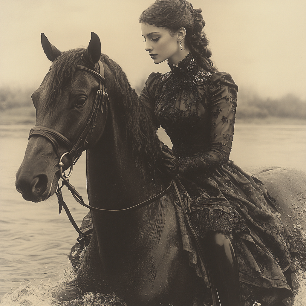 Elegant woman riding horse through water, touching heads. White background.