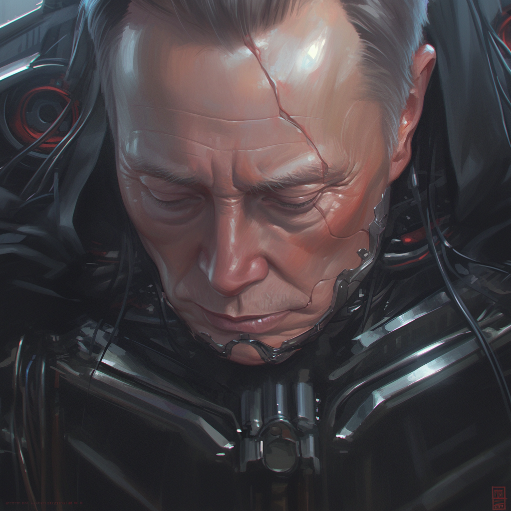 Elon Musk trapped in Vader suit, guarding wealth. Cyberpunk.