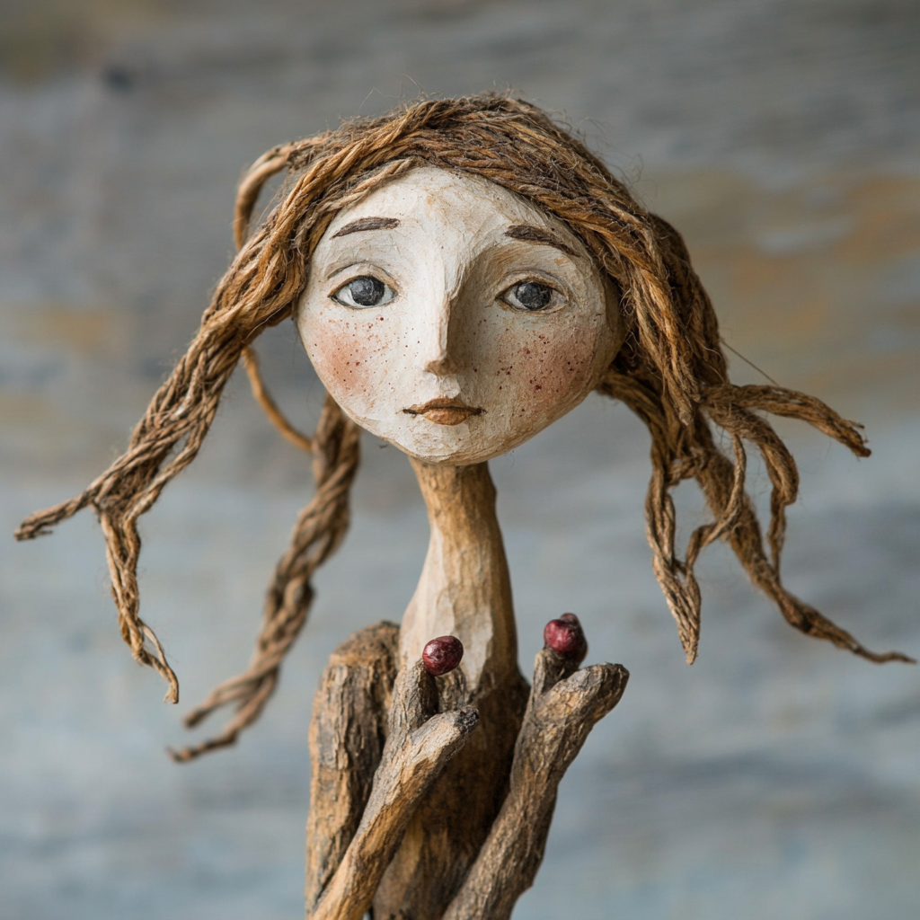 Elven princess puppet made from driftwood, berries, and charcoal.