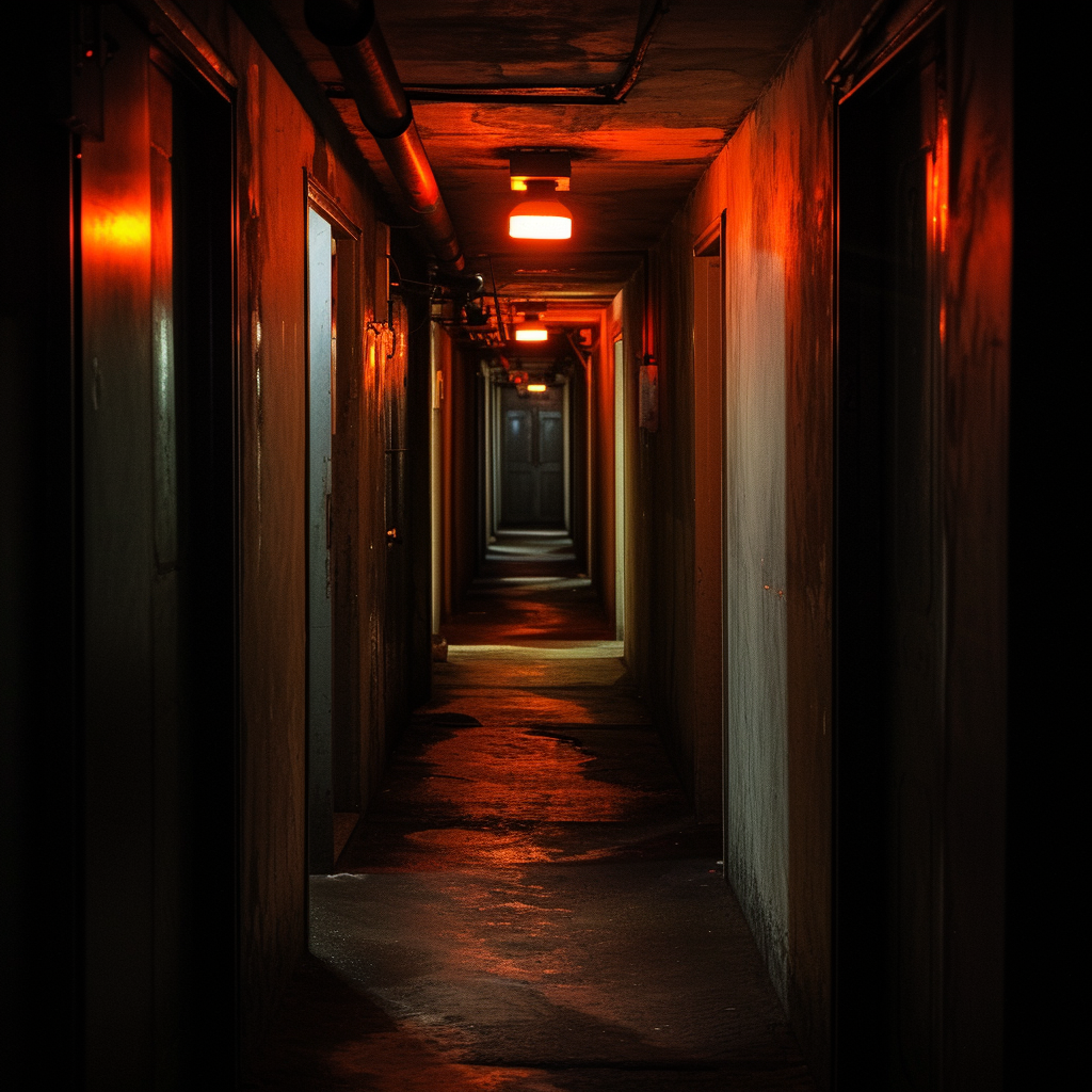 Long, dark hallway with doors in a brutalist apartment building