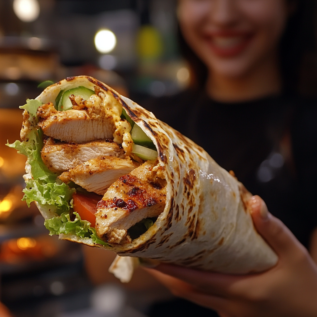 Energetic shawarma ad shows delicious, fresh ingredients, happy model.