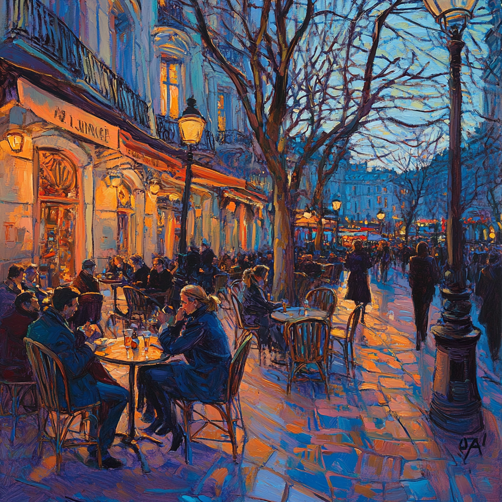 Erin Hanson painting, Paris scene, electric blue, terracotta.