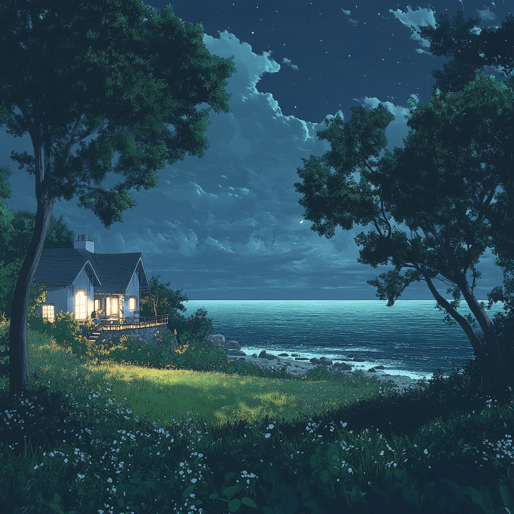 Ethereal beach house at night with ocean view.