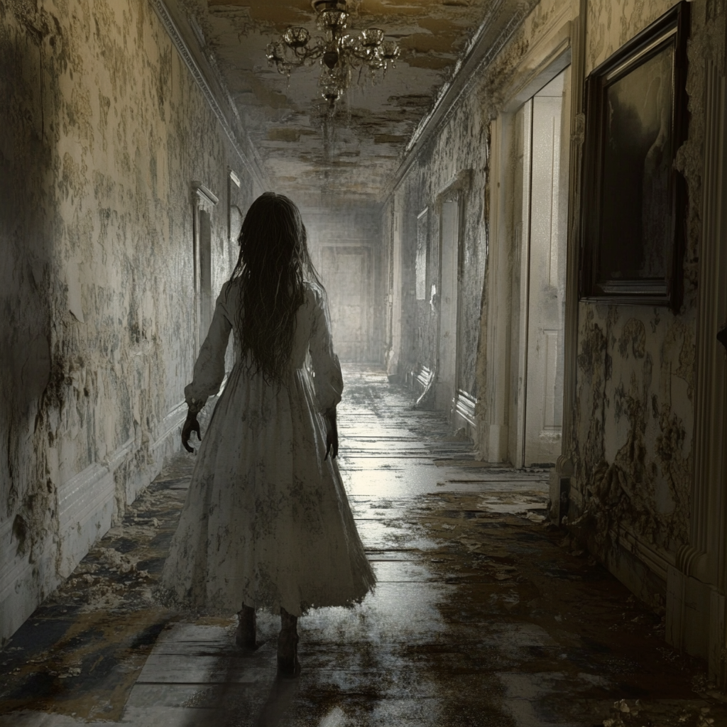 Ethereal child ghost in abandoned asylum, wandering sadly.