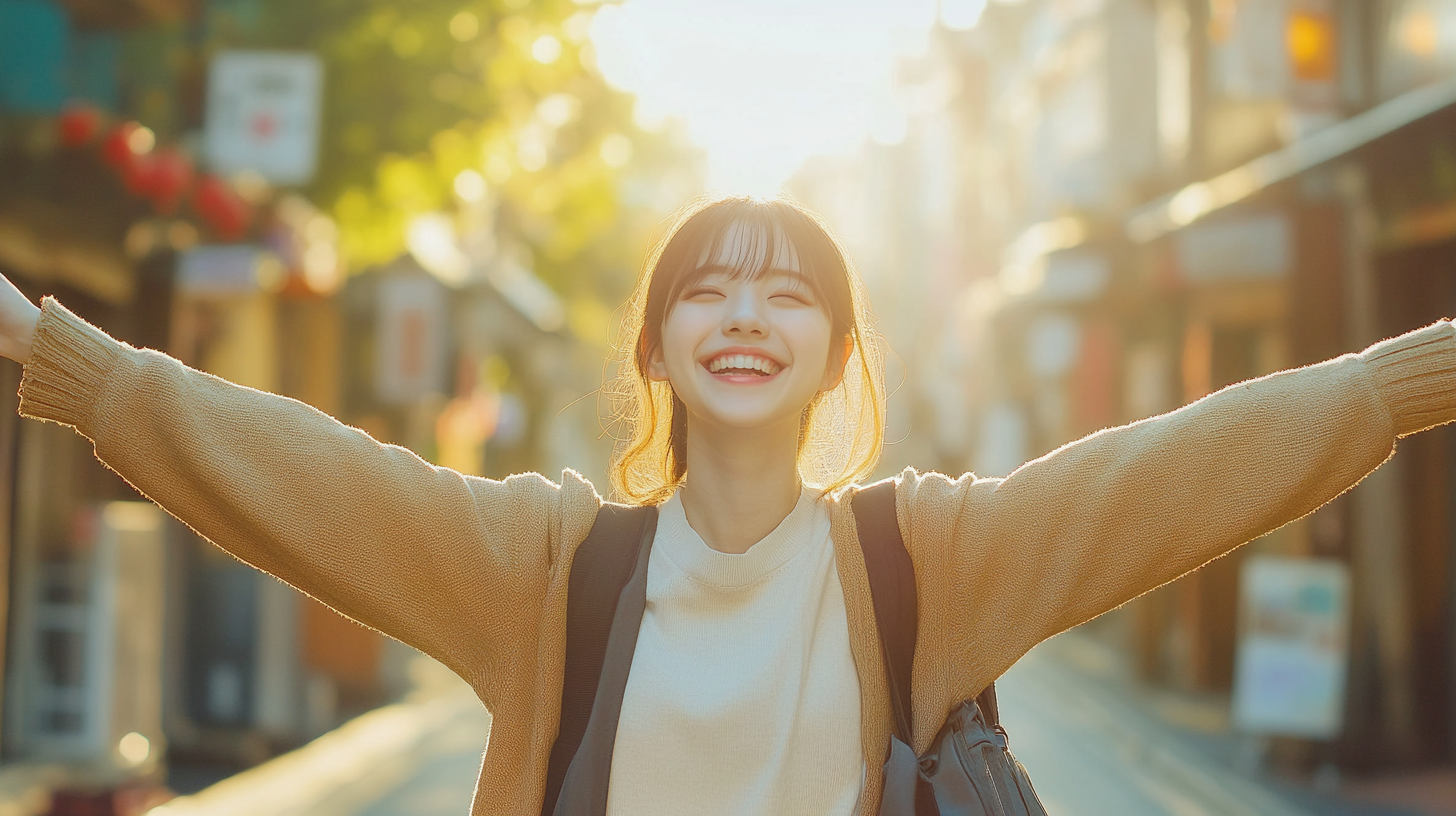 Excited Japanese student in Nagasaki, smiling on street.