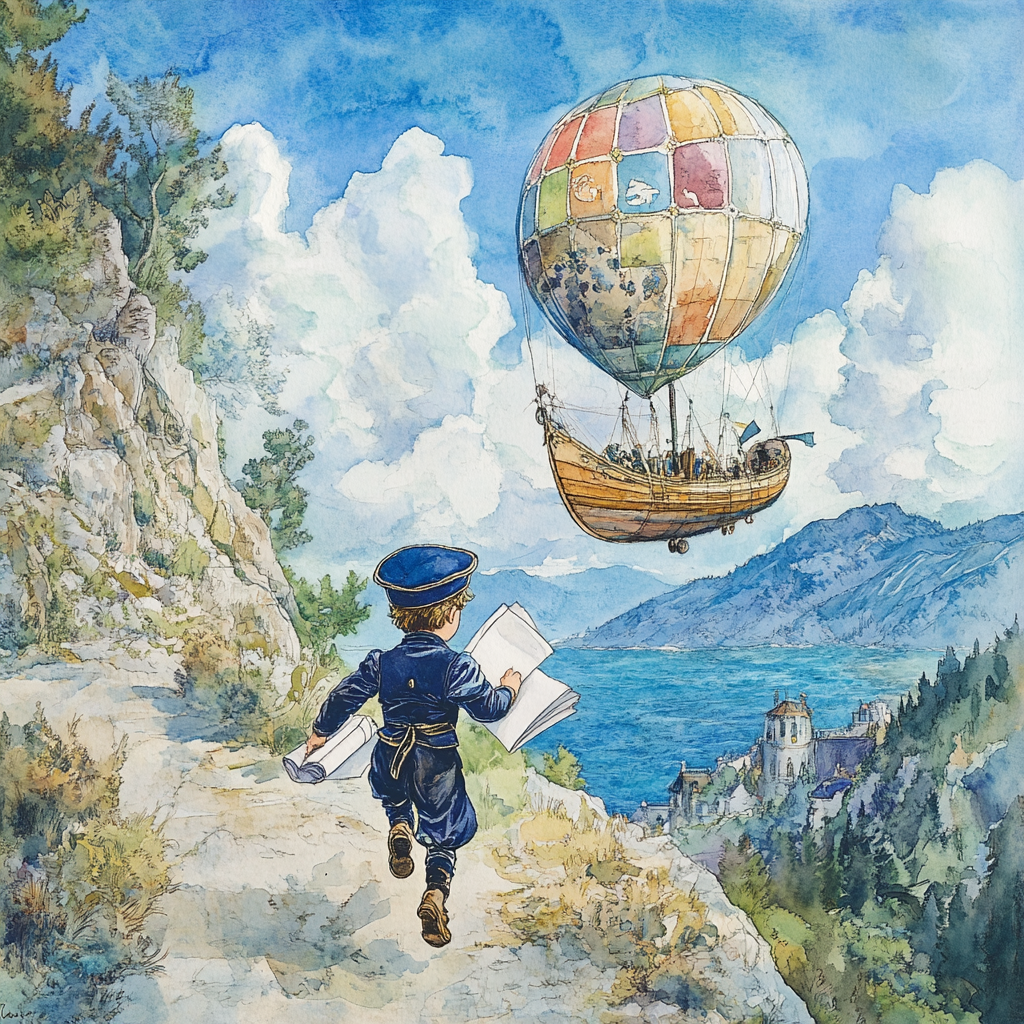 Excited boy in old-timey outfit rushing to airship.