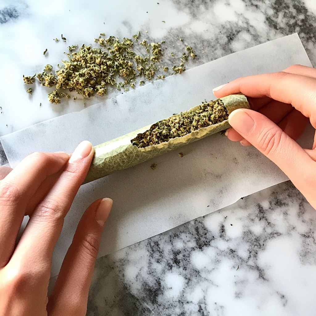 Expertly rolling cannabis joint with finely ground marijuana.