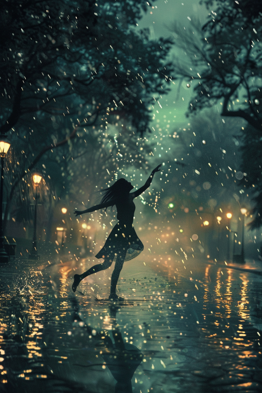 Expression is carefree dancing in rain under stormy sky.