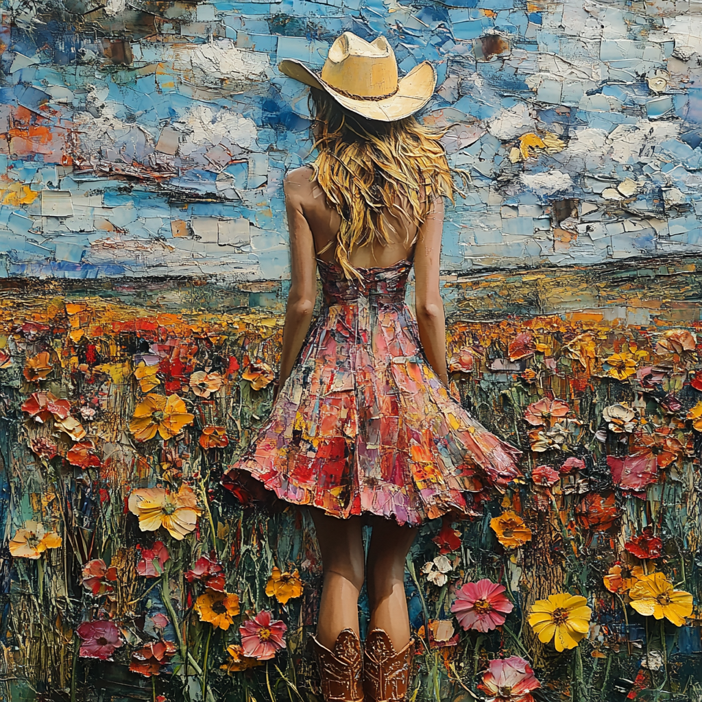 Expressive country girl in mini dress and cowboy boots.