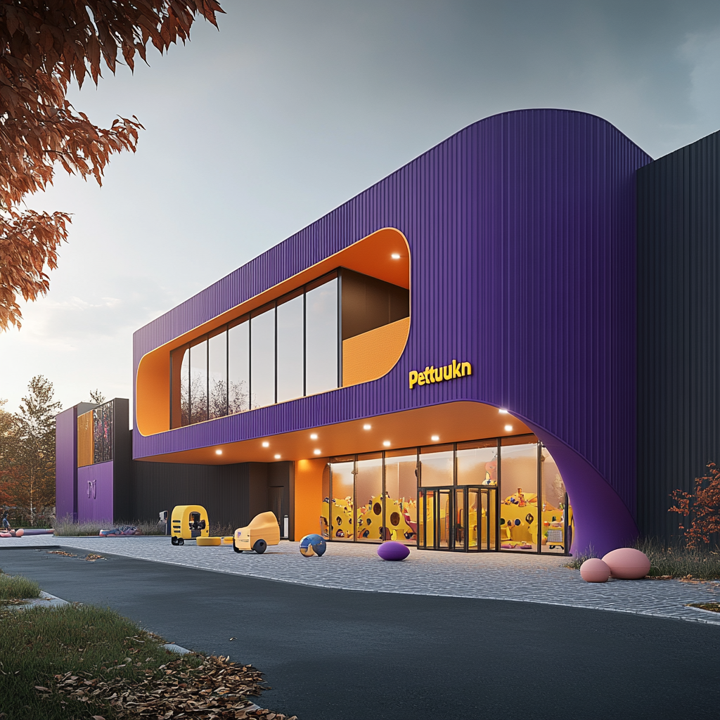 Facade of playful children's playroom, purple and orange colors.