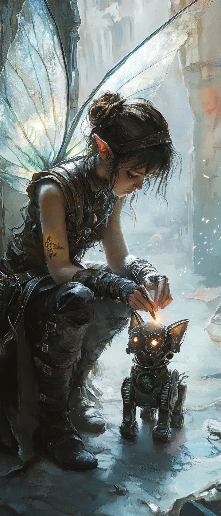 Fairy tinker with translucent wings inscribing runes on dog.