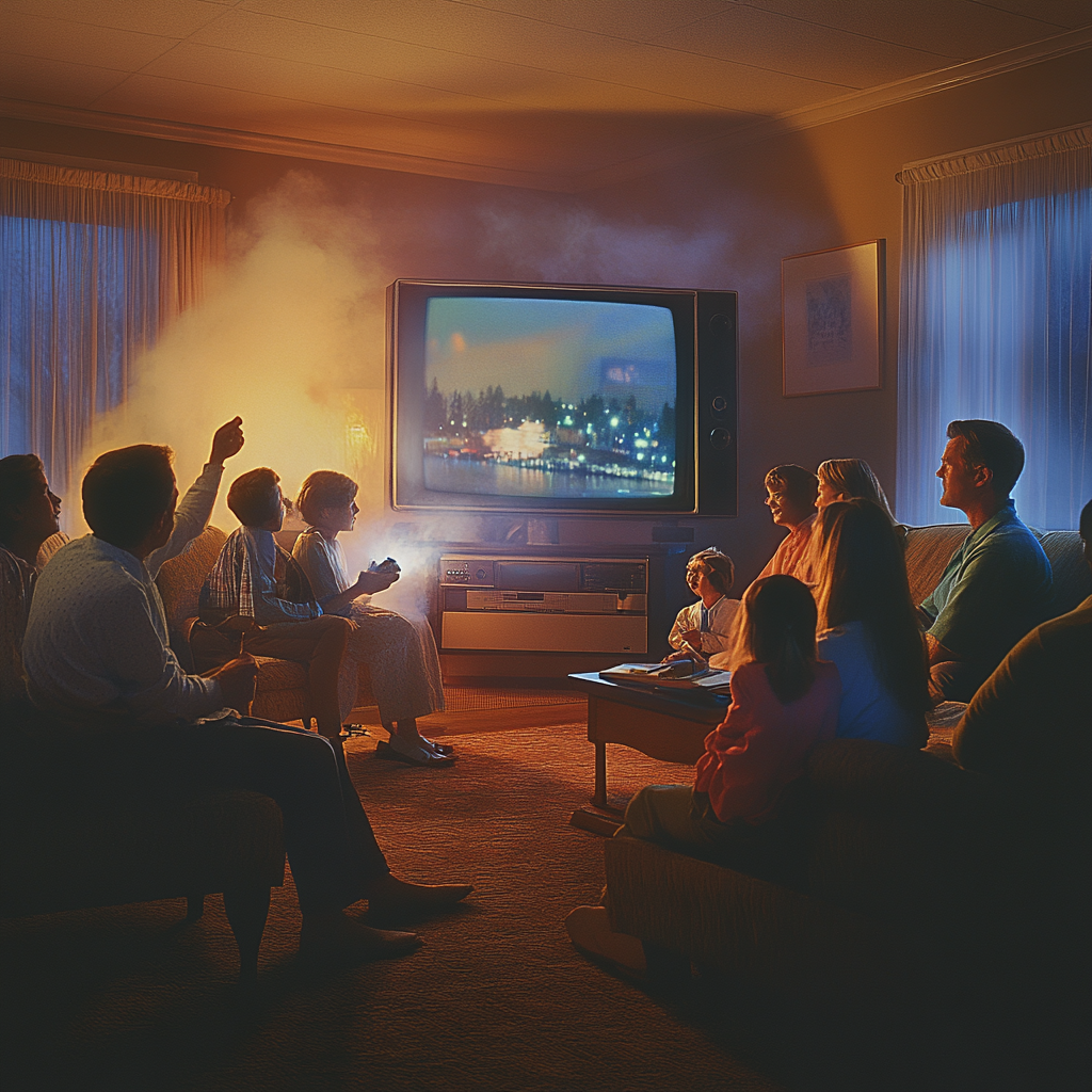 Family watching tv in living room shocked and engaged.