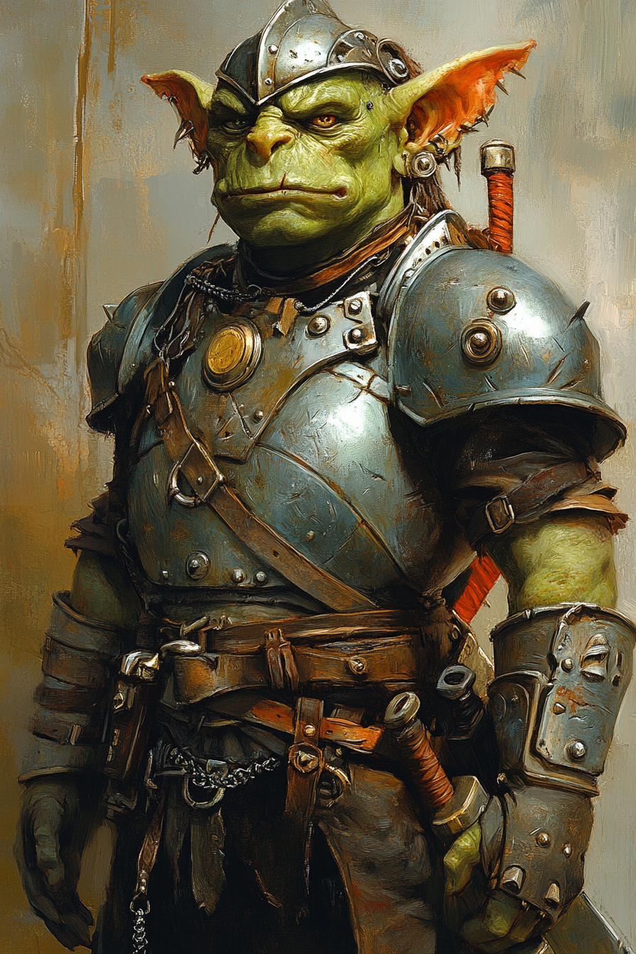 Fantasy goblin warrior in magical armor with gears.