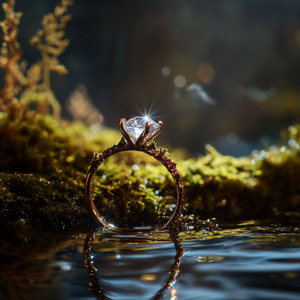 Fantasy ring with stone illuminated by spotlights reflected in water.