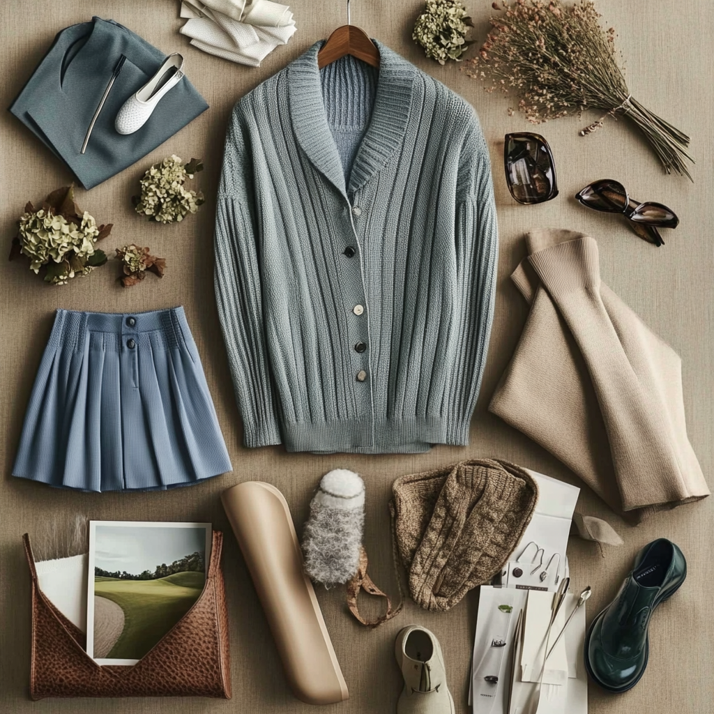 Fashion mood board for golf clothing brand featuring blues, tans, and light greens.