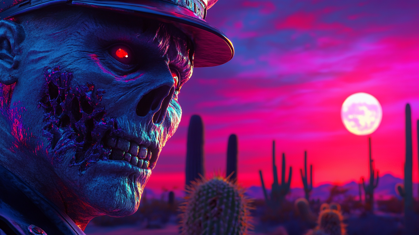 Fat zombie cop, cactus desert, red moon, vibrant colors.