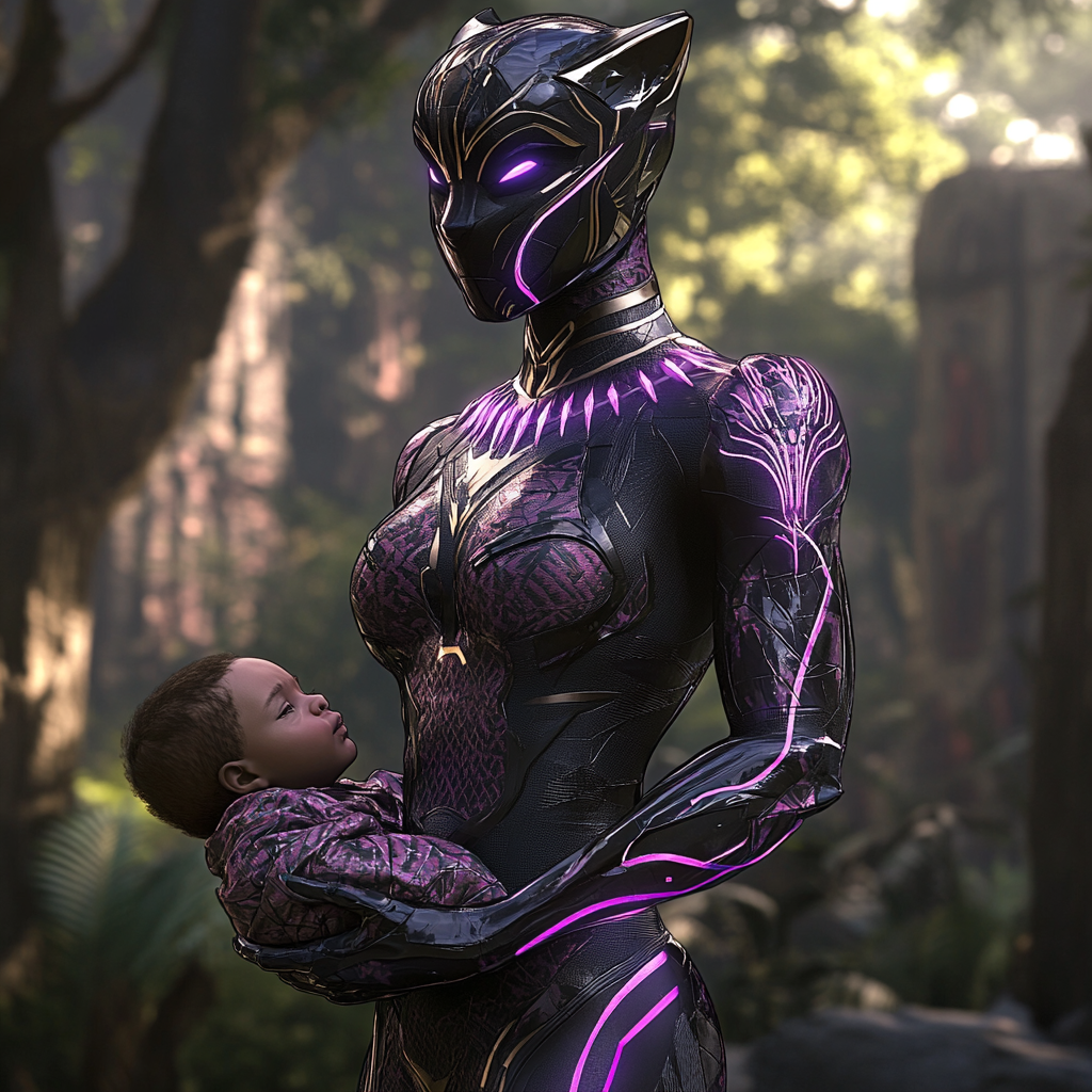 Female Black Panther holds baby in majestic Wakanda.