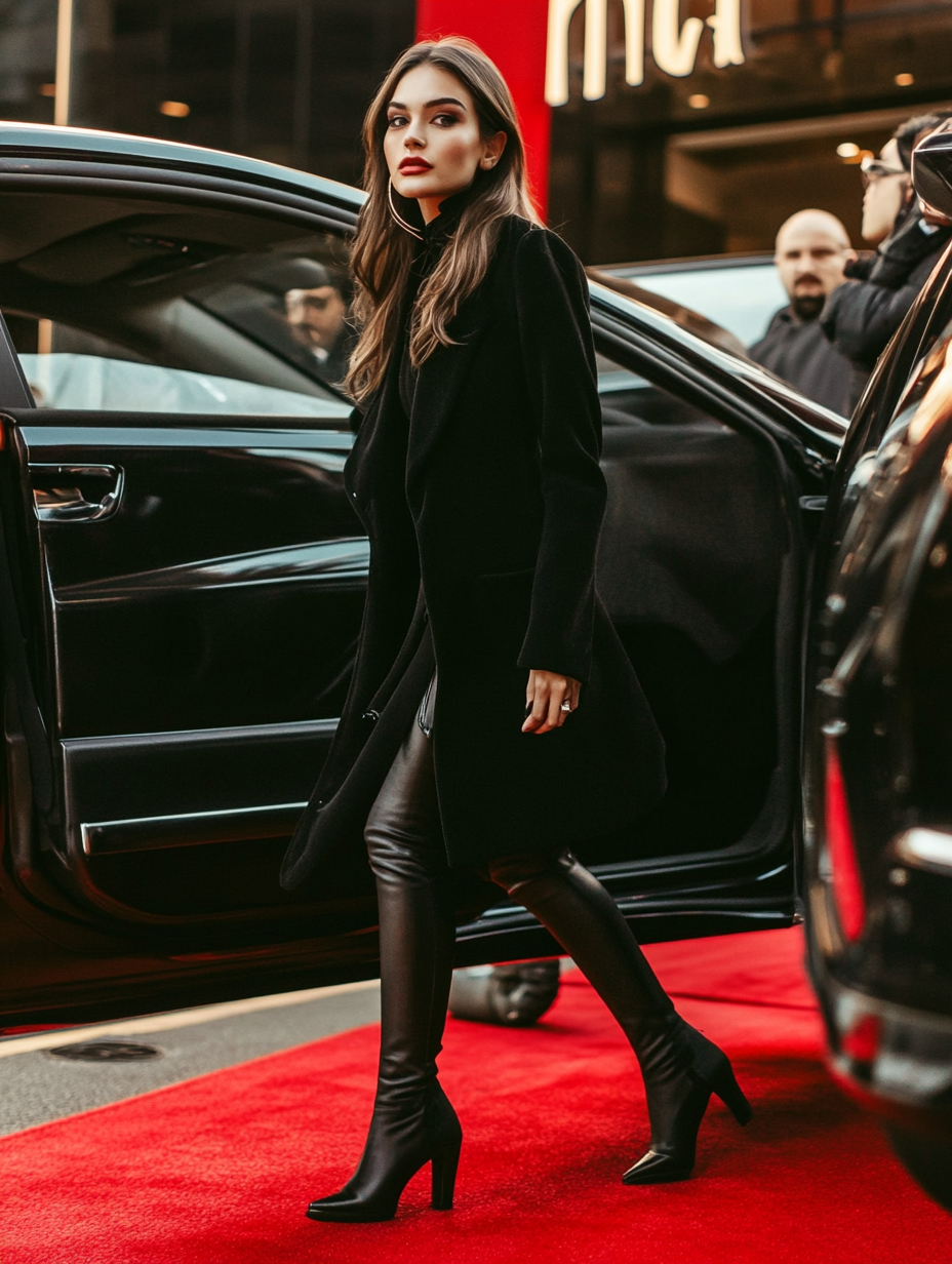 Female Hollywood star exits car for red carpet event.