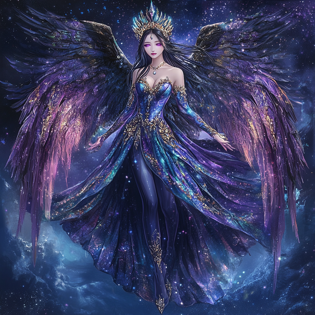 Female angel with black hair, amethyst crown, starry dress.