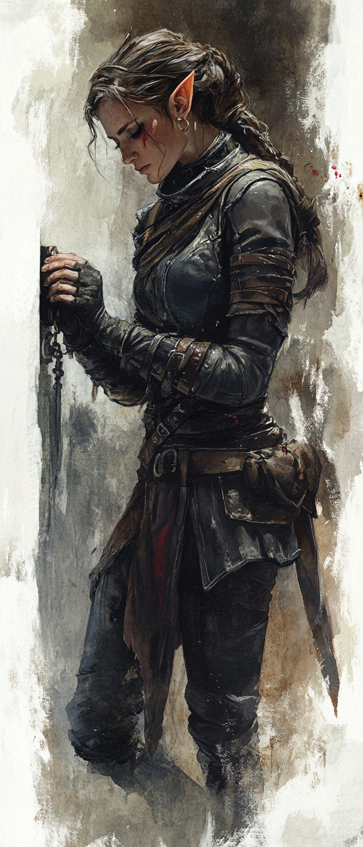 Female elf rogue picking lock in dark fantasy setting.