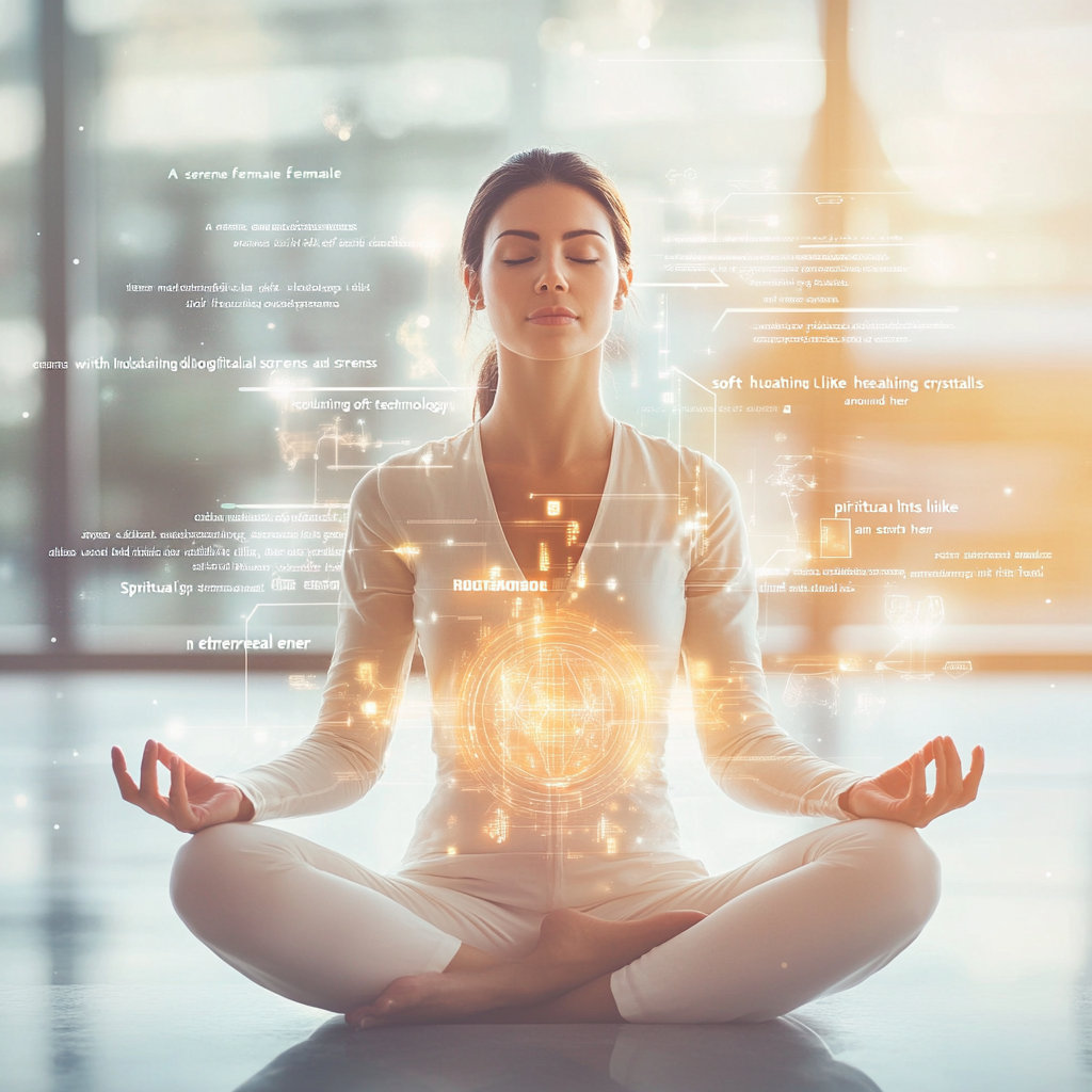 Female entrepreneur meditating surrounded by technology and spirituality.