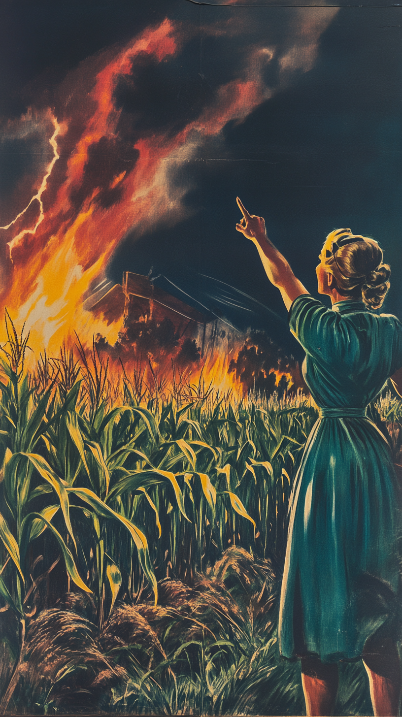 Female farmer in 1940s corn field fire storm