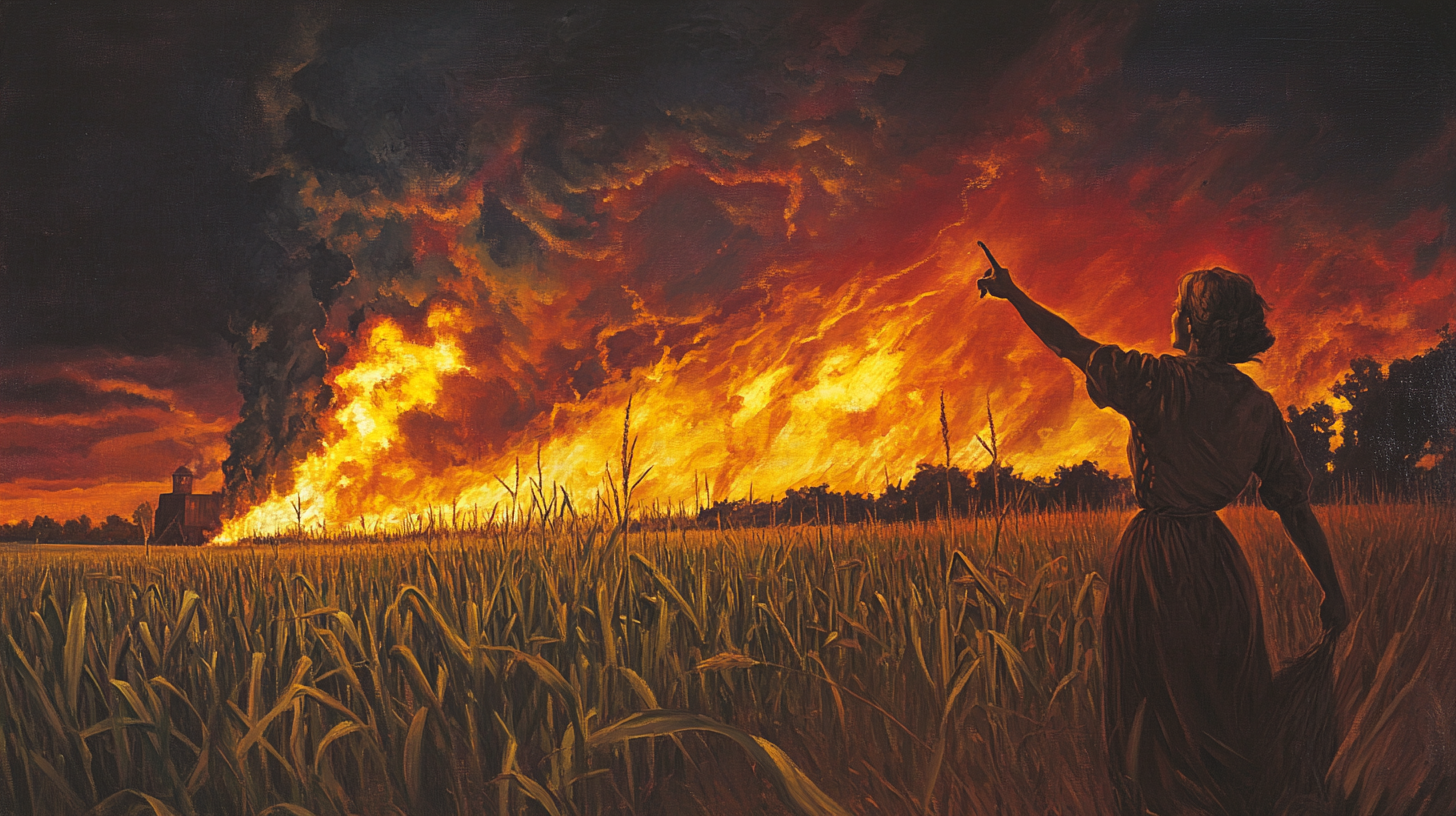 Female farmer pointing at burning corn field in storm.