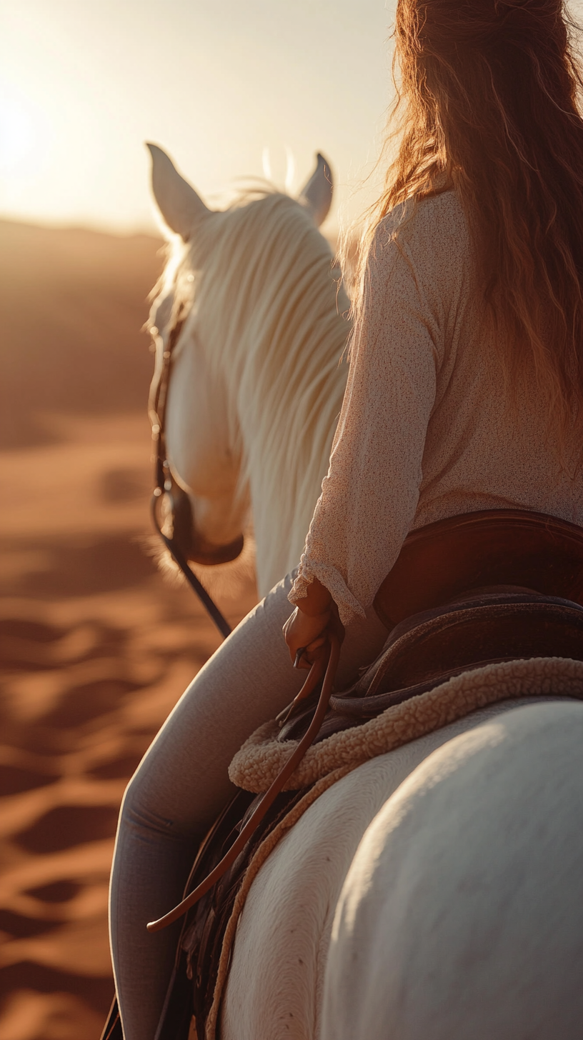 Female hands holding white horse mane, red desert backdrop.