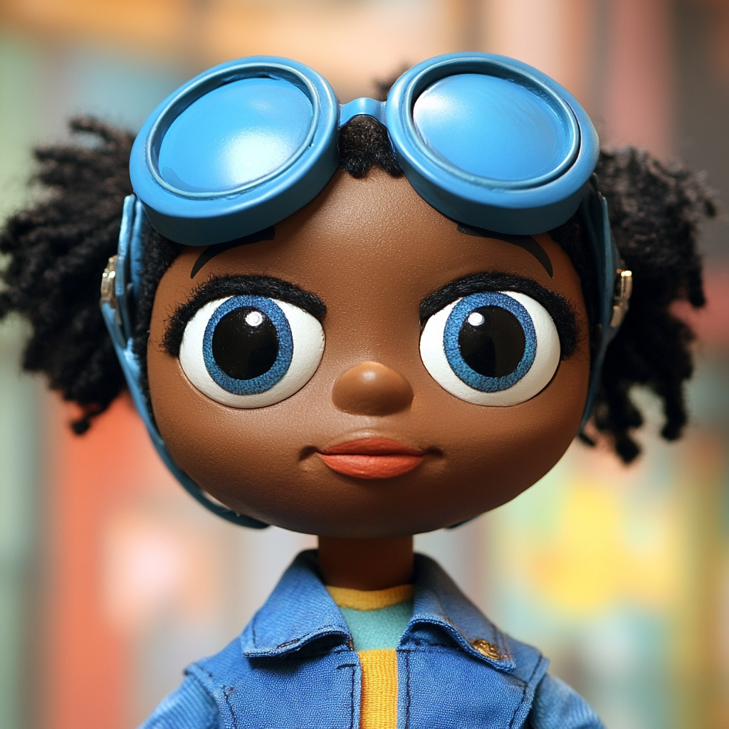 Female superhero puppet with big eyes, blue goggles costume