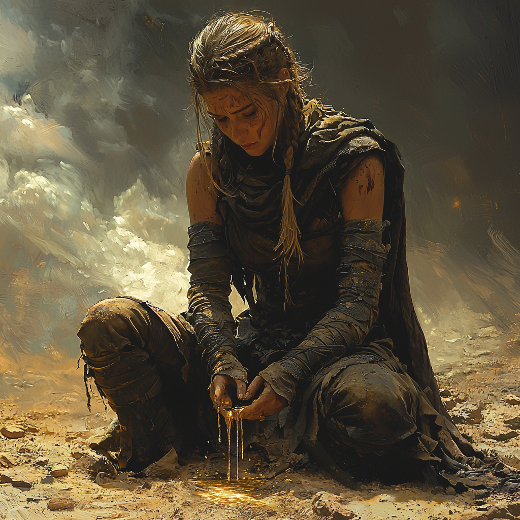 Female warrior kneels in despair, gold liquid flows.