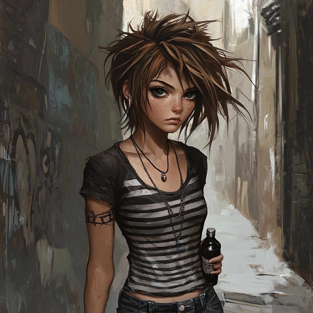 Female with brown spiky hair in grunge style.