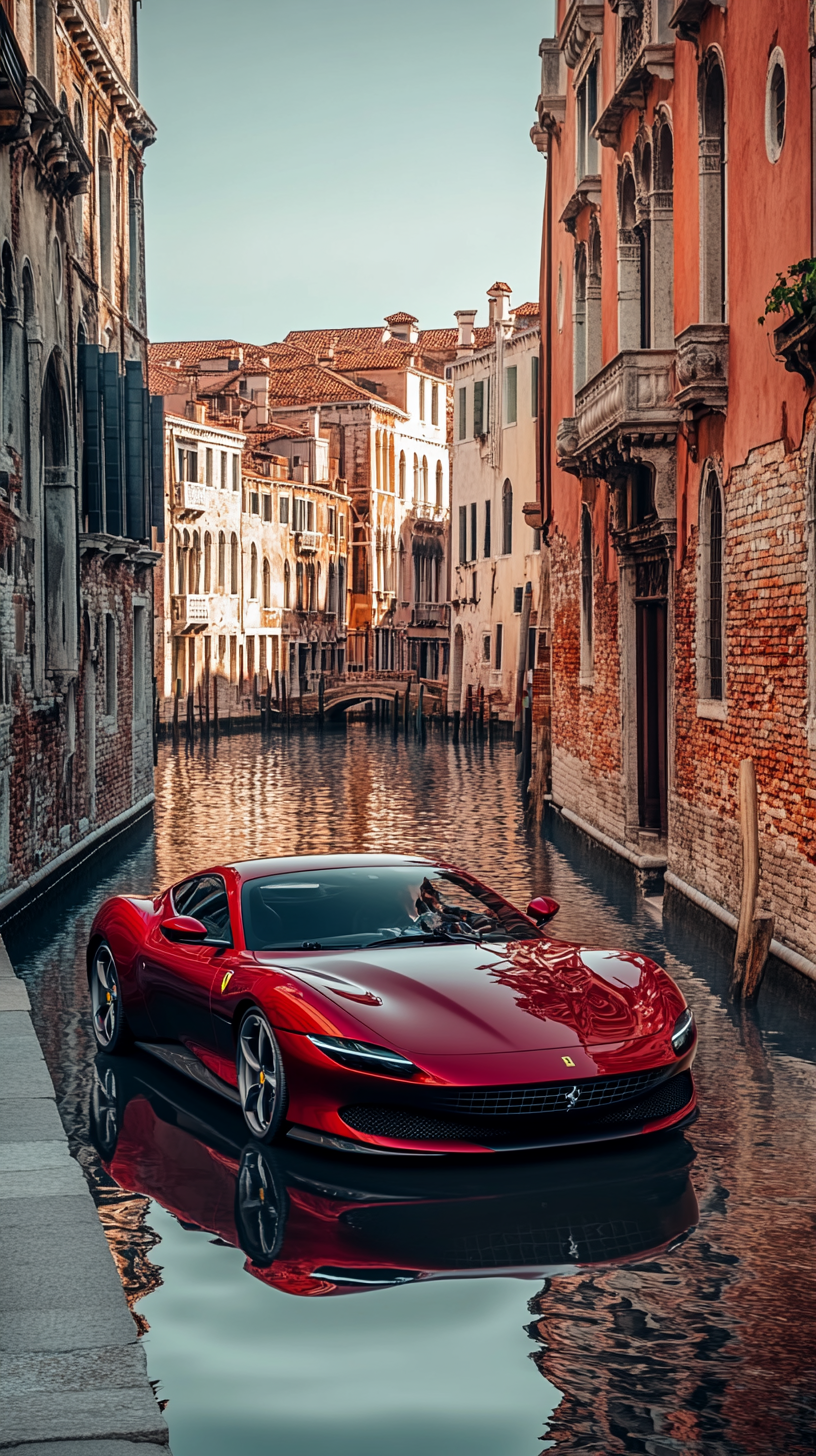 Ferrari Roma driving in Venice with historic buildings reflection.