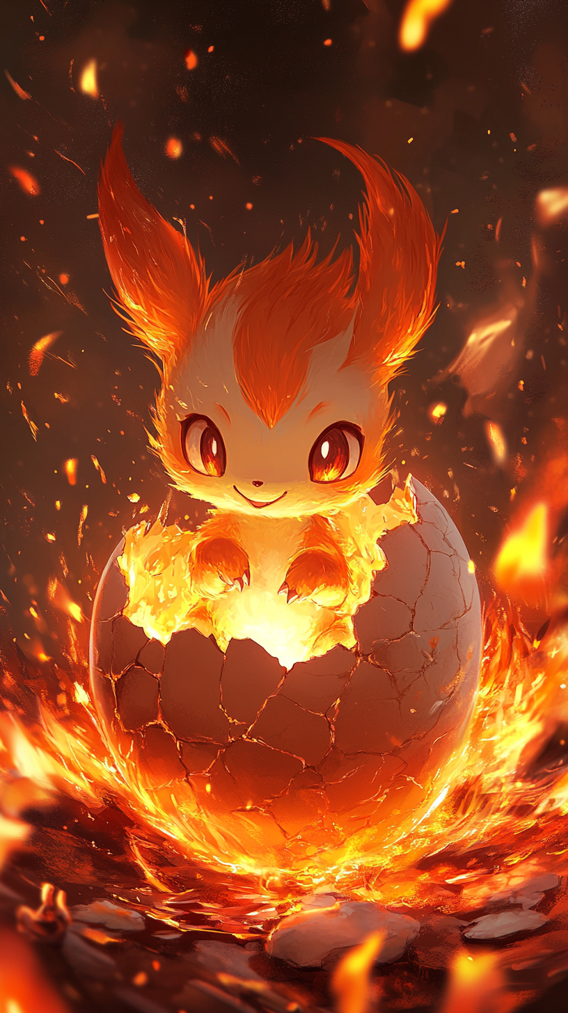 Fiery Chimchar emerging from cracked egg in glowing landscape