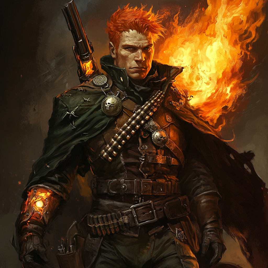 Fiery pale genasi in green cloak with rifle.