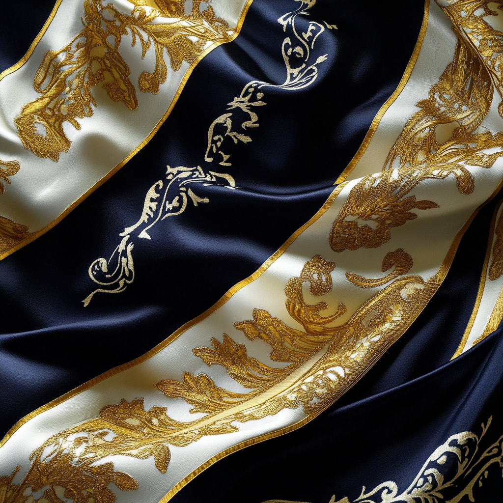 Flag design resembles elegant carpet in colors: dark blue, white, black, gold.