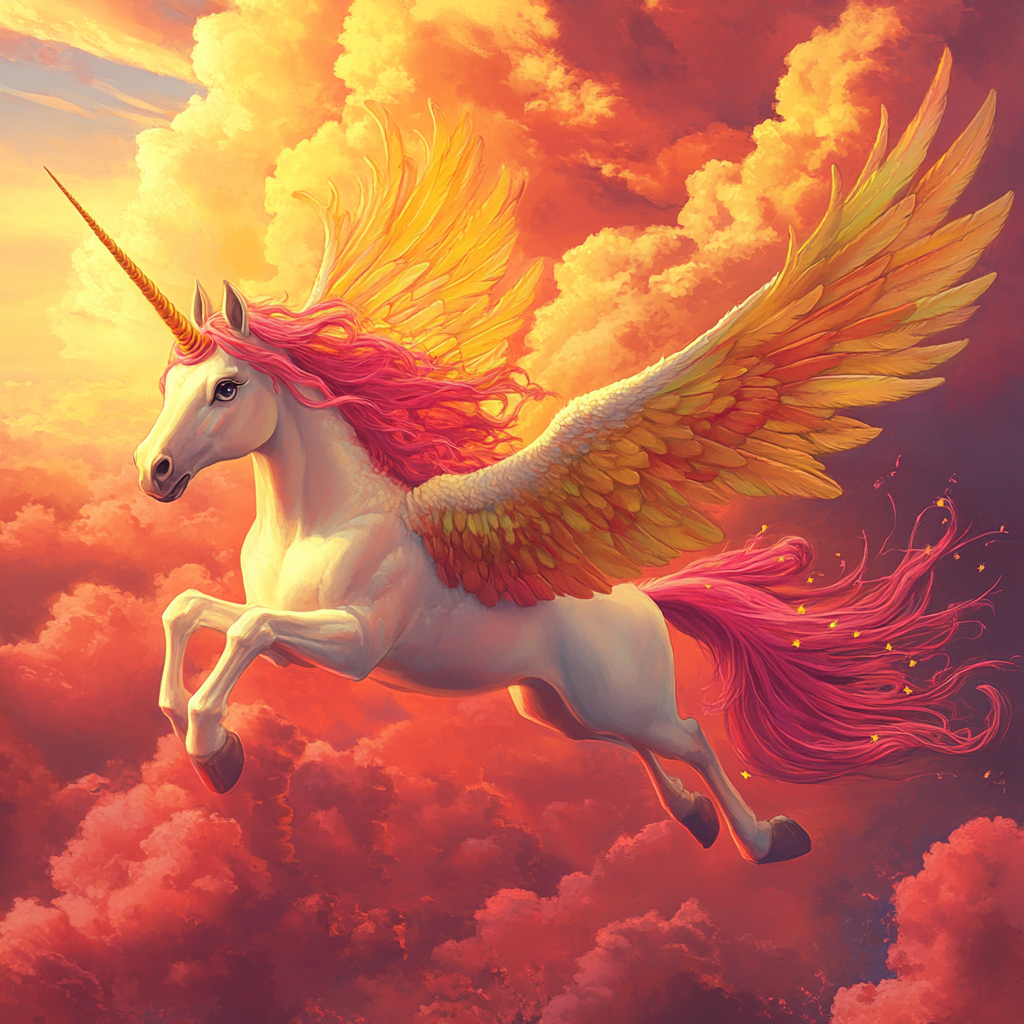 Flying unicorn with long pink hair, colorful big wings.