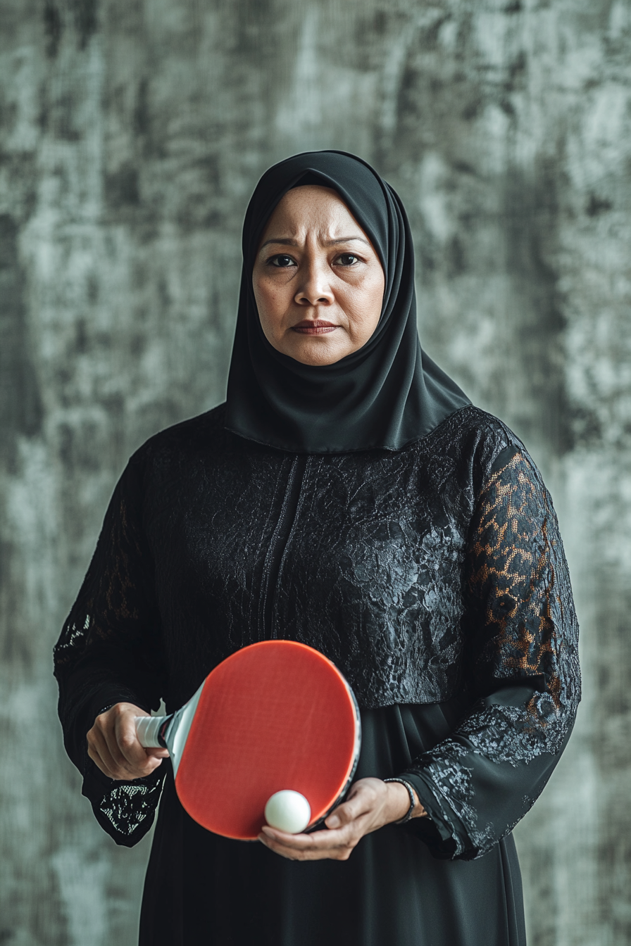 Focused Malay Muslim woman with table tennis bat, serious expression.