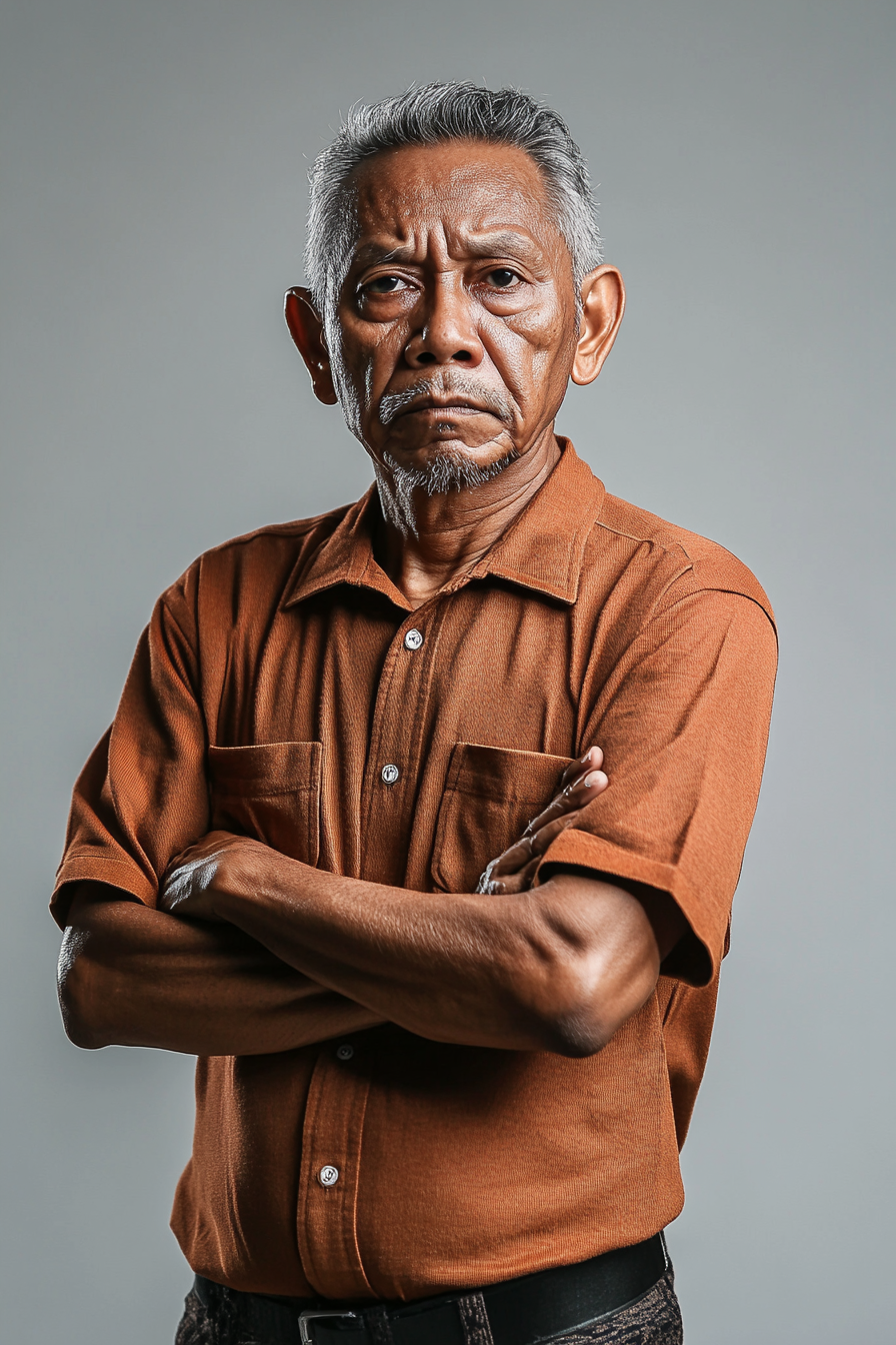 Focused Malay man in running shirt stands aggressively.