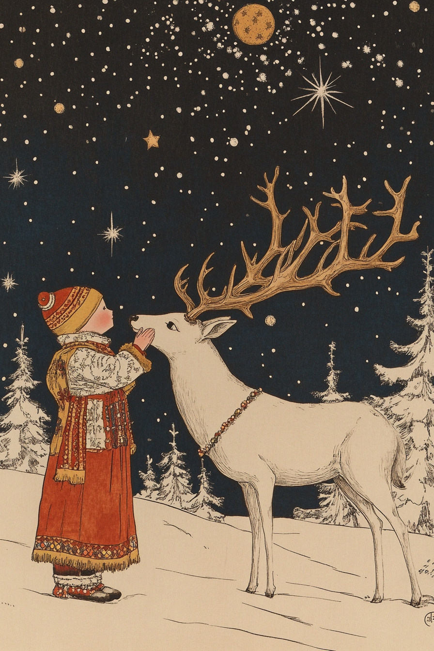 Folk Art Boy with Deer on Night Sky Background