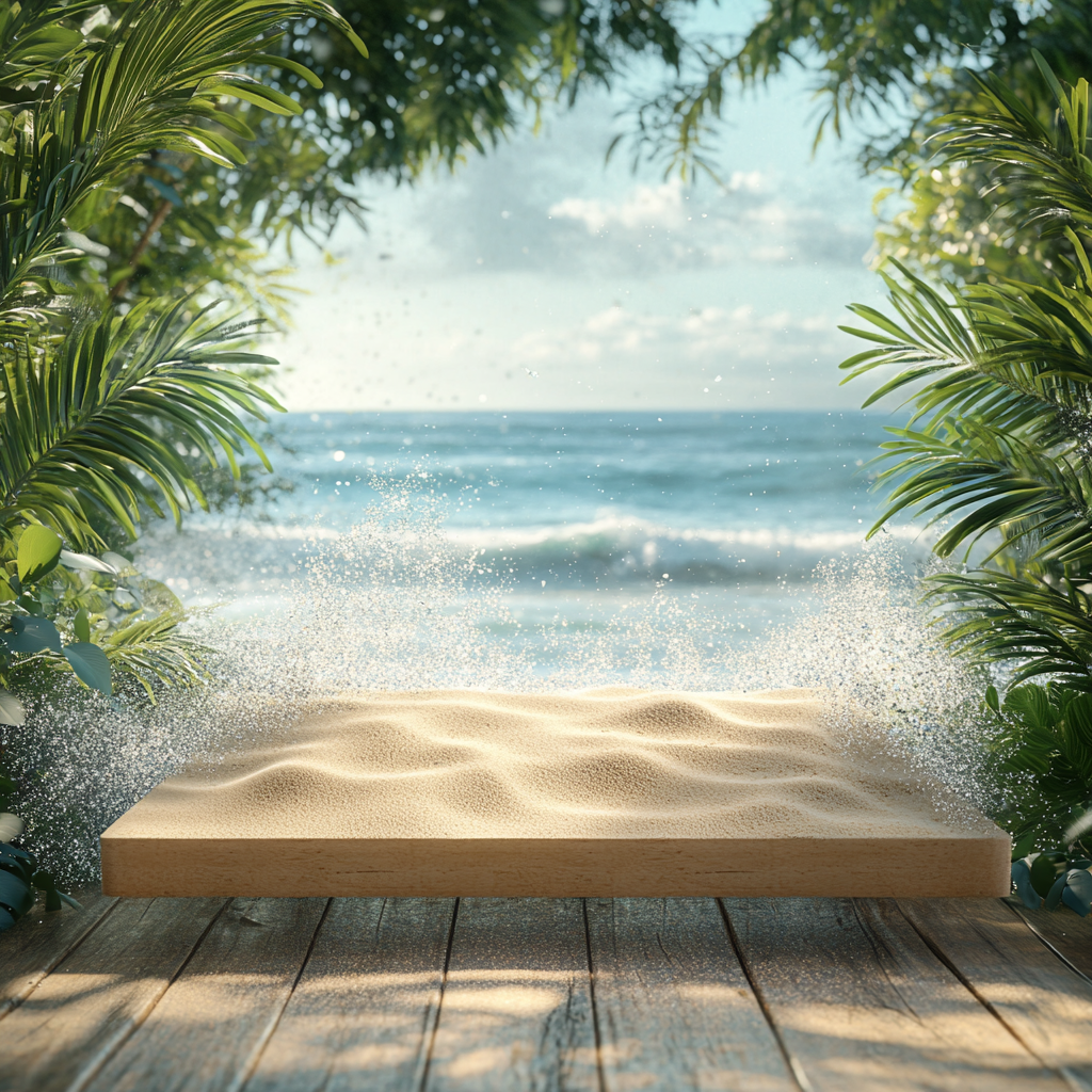 Foreground podium with sand table, sea, forest background. waves.