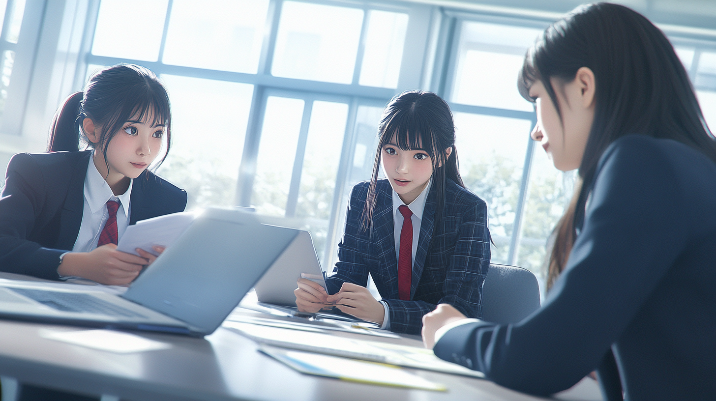 Four Japanese high school students in uniforms discussing project