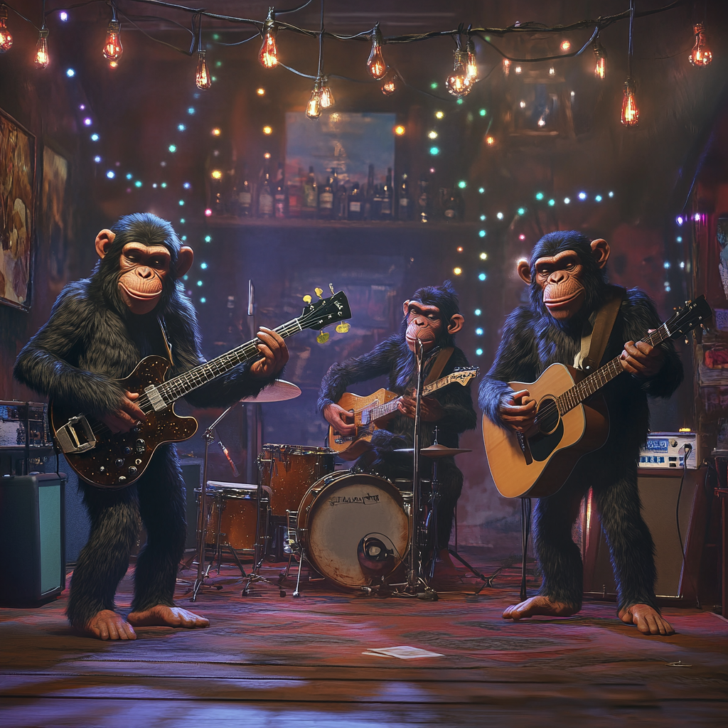 Four chimps rock band performing on colorful stage.