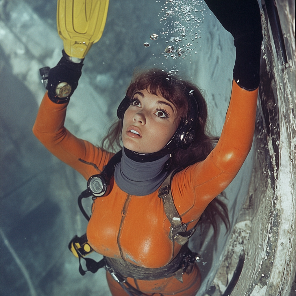 French brunette diver exploring sunken ship in colorful gear.