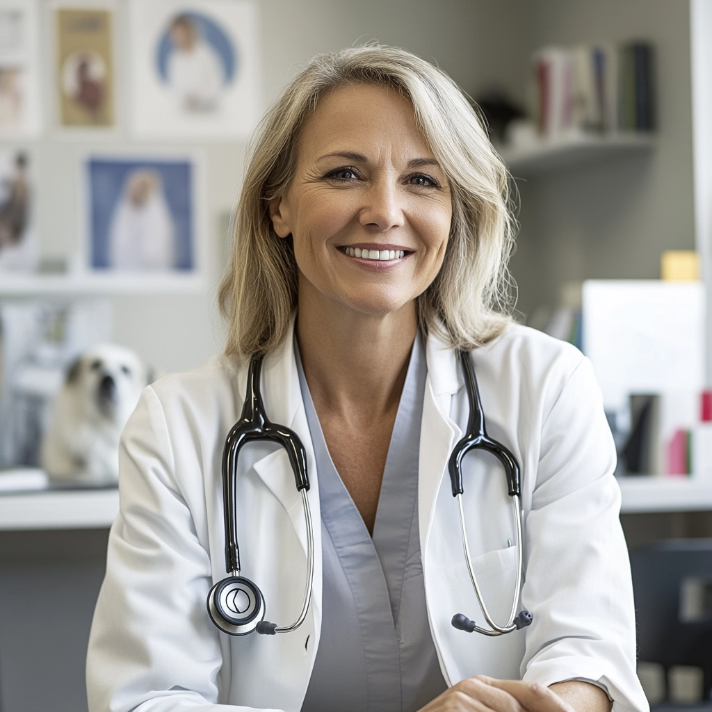 Friendly, professional veterinarian woman in modern, well-lit office.